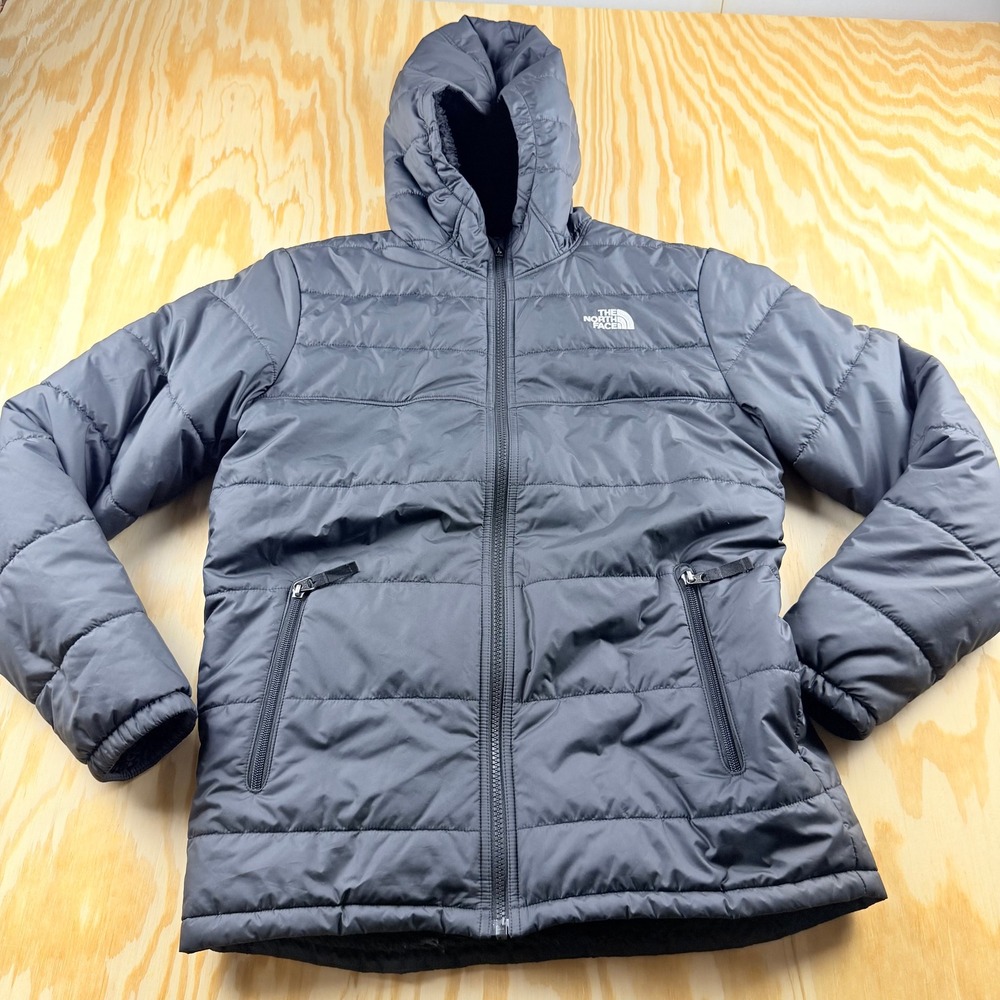 The North Face Boy XL Reversible Mossbud Swirl Hooded Jacket Black Puffer Fleece